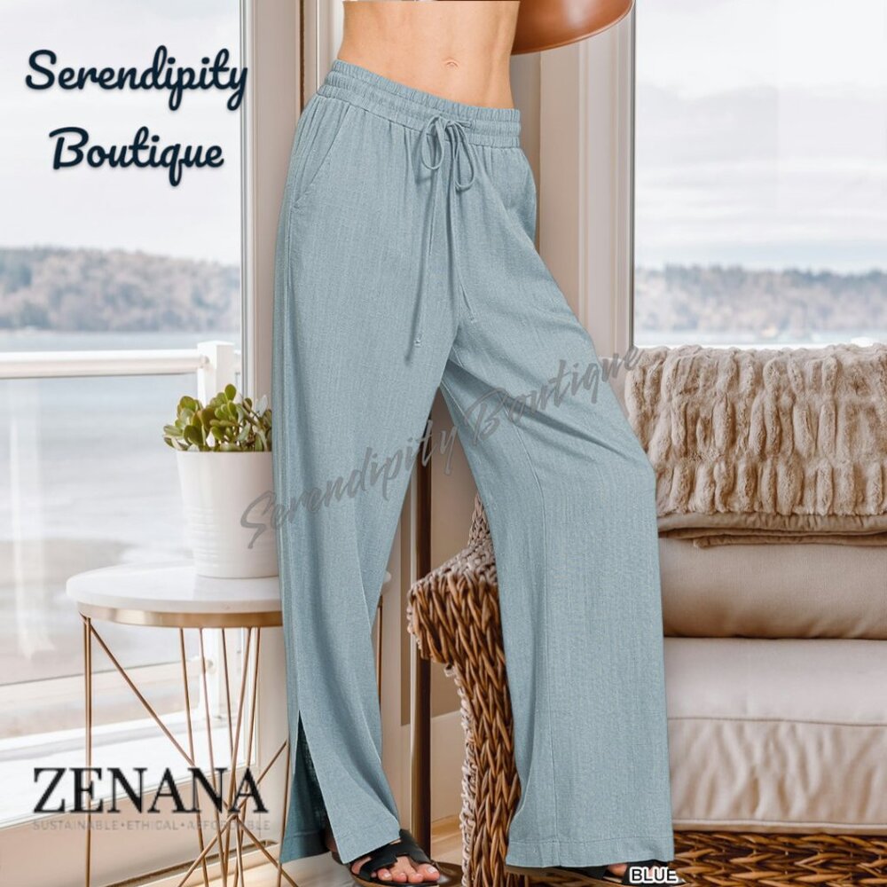 Zenana Oversized Comfy Flare Leg Elastic Drawstring Lightweight Linen Pant.